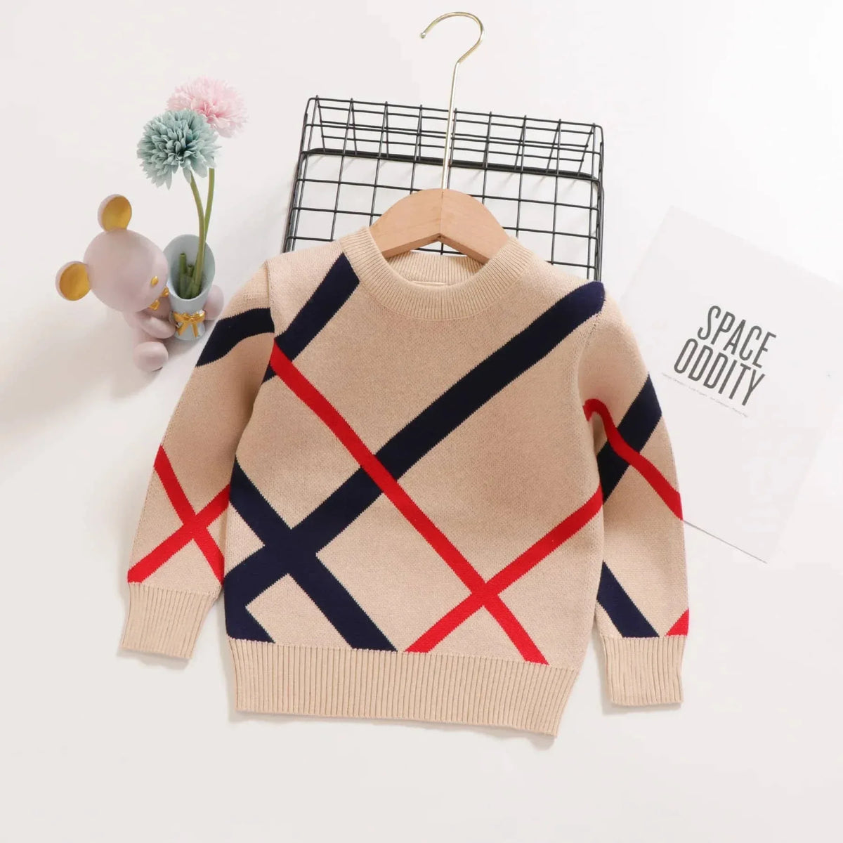 Beige children's preppy pullover with red and navy plaid stripes for toddlers