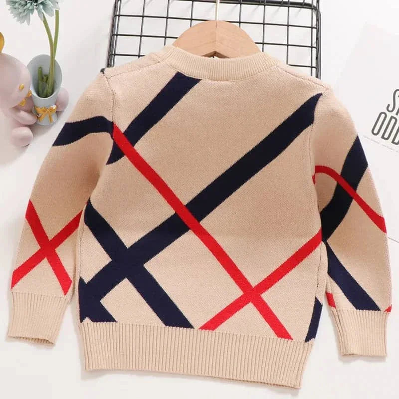 Beige children's preppy pullover with navy blue and red diagonal stripes, long sleeve knit sweater for kids