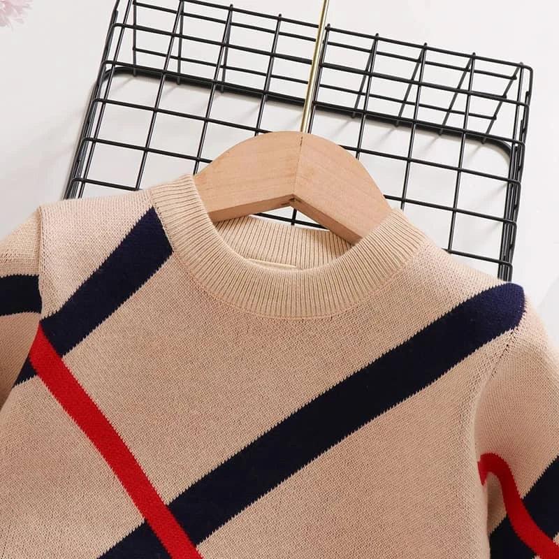 Beige children's preppy pullover for kids with navy and red diagonal stripes, crew neck