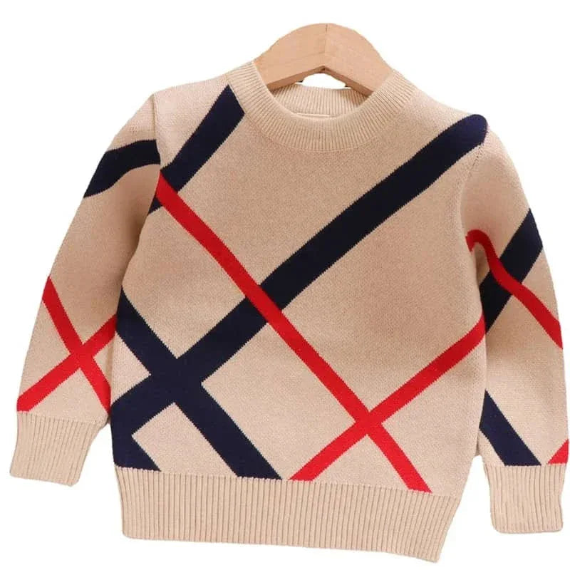 beige children's preppy pullover with red and navy blue diagonal stripes, long sleeve, toddler size