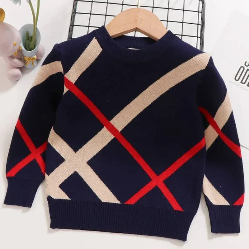 Navy blue children's preppy pullover with beige and red cross pattern, long sleeve for kids
