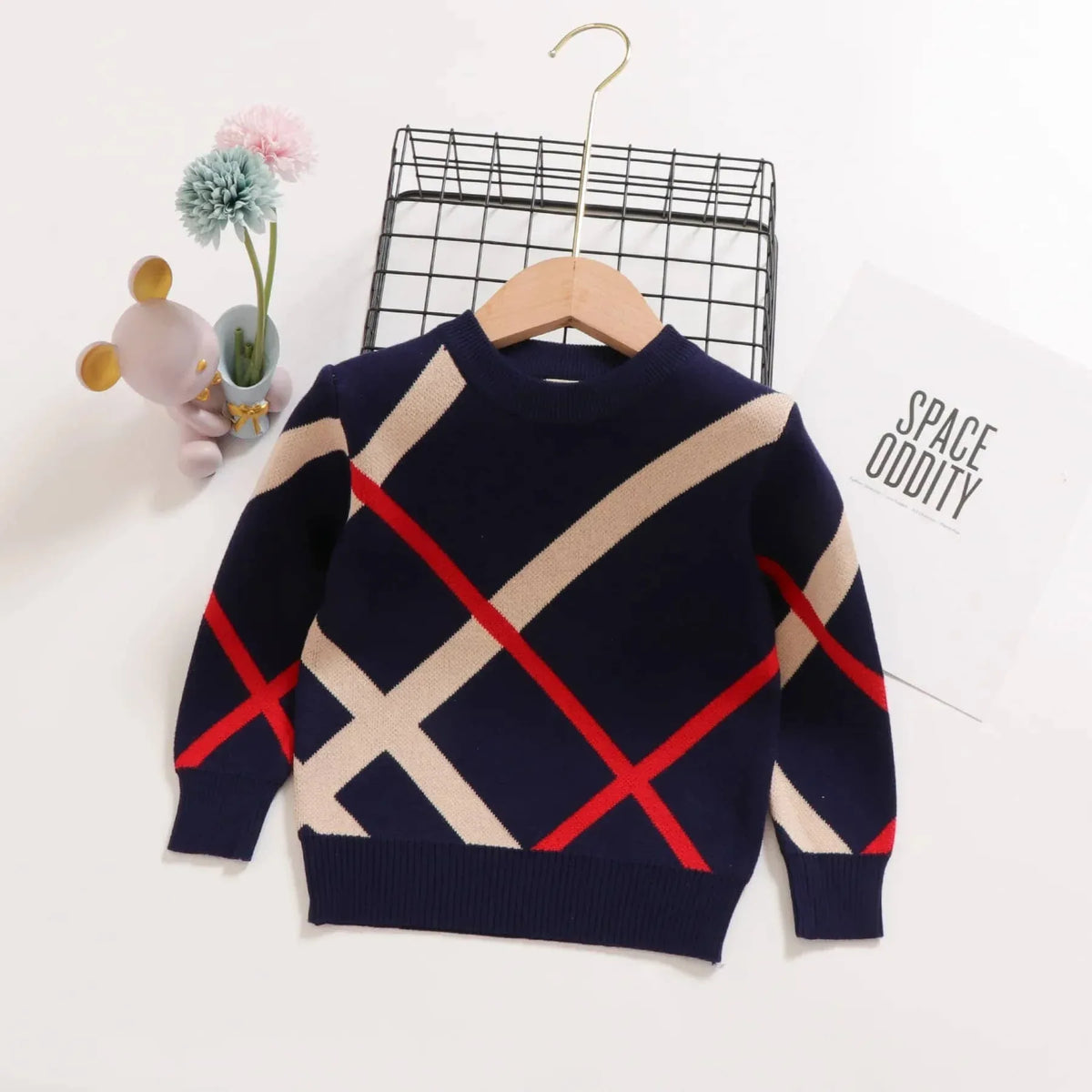 Navy blue children's preppy pullover with red and beige diagonal stripes for toddlers