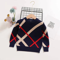 Navy blue children's preppy pullover with red and beige diagonal stripes for toddlers