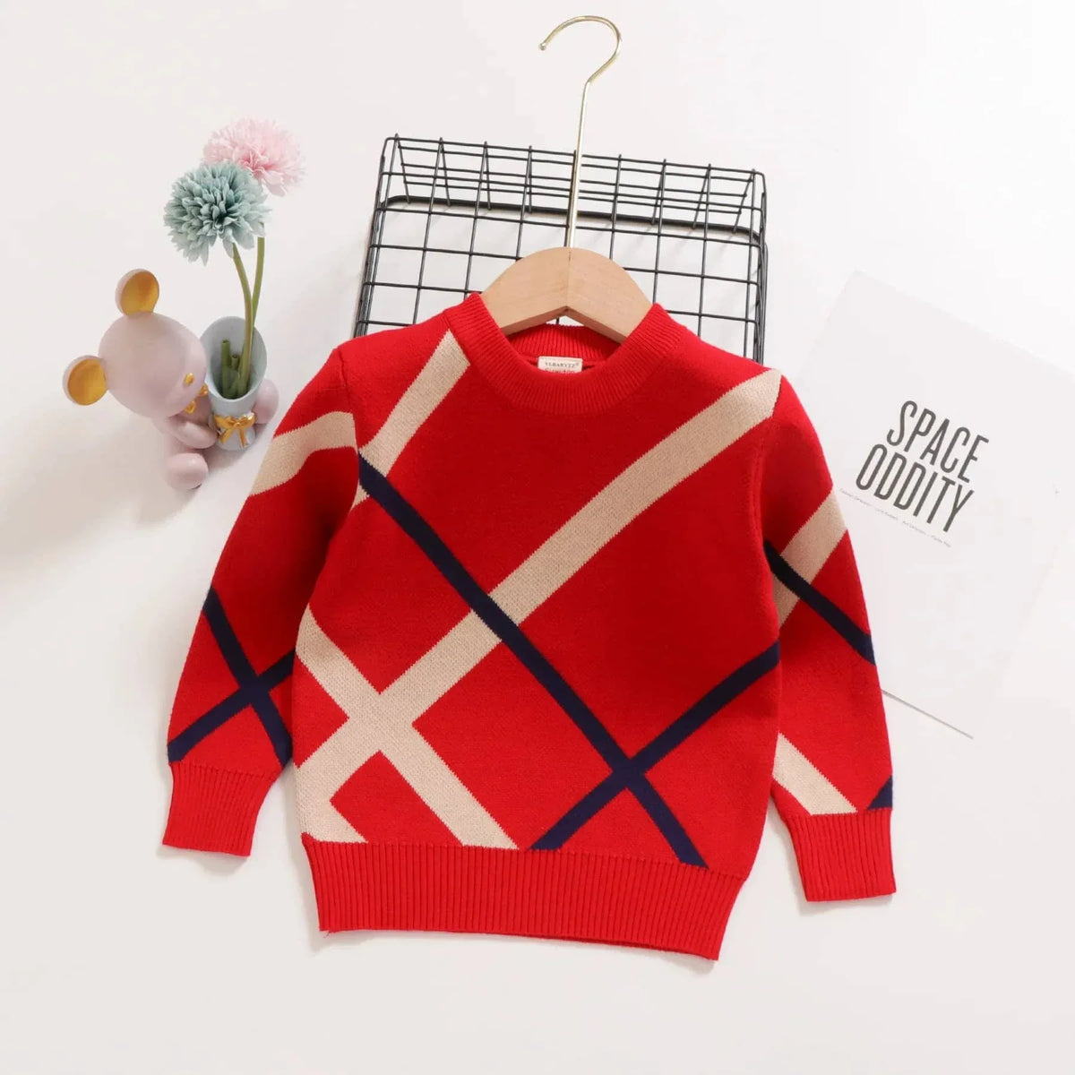 Red children's preppy pullover with beige and navy diagonal stripes for toddlers