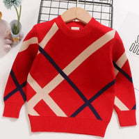 Red children's preppy pullover with beige and navy diagonal stripes, long sleeve for toddlers