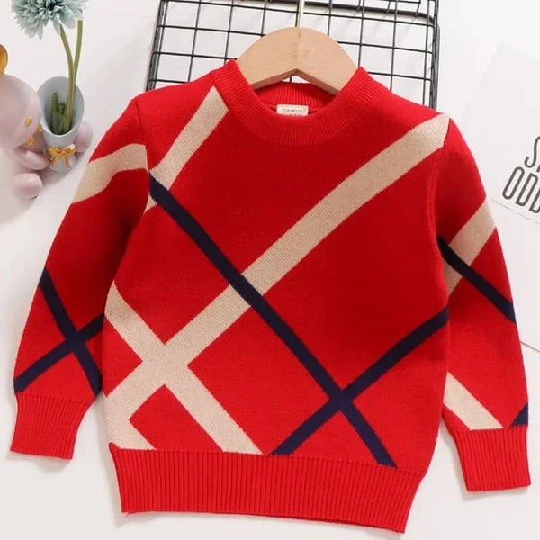 Red children's preppy pullover with beige and navy diagonal stripes, long sleeve for toddlers