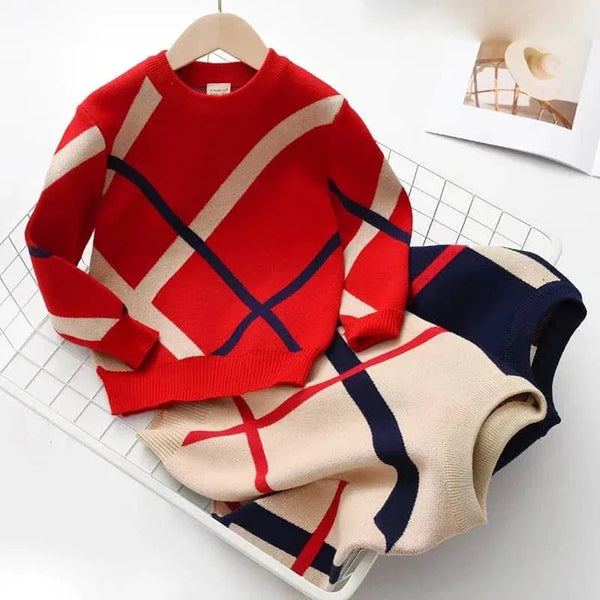 Children's preppy pullover in red with beige and navy geometric stripes, kids sweater in multiple sizes