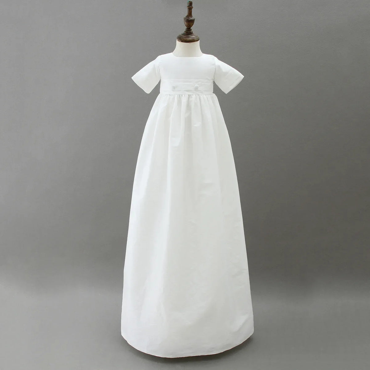 White christening gown for boys, infant size, short sleeve with simple waist pleat detail
