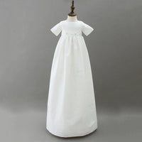 White christening gown for boys, infant size, short sleeve with simple waist pleat detail
