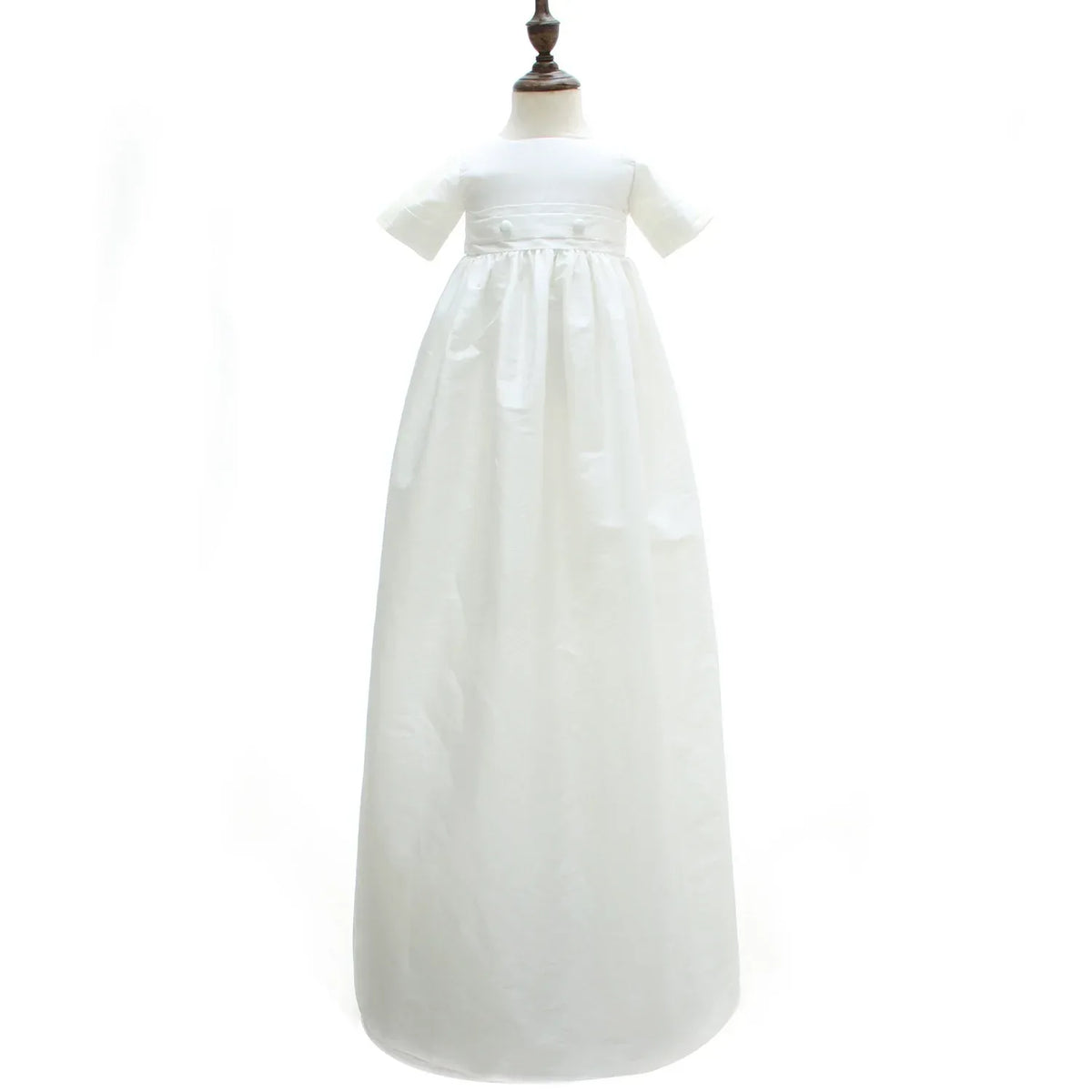 white christening gown for boys with short sleeves and embroidered waistband for infants