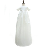 white christening gown for boys with short sleeves and embroidered waistband for infants