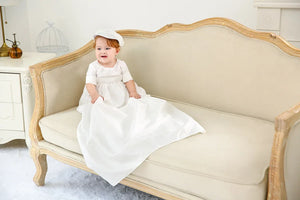 White christening gown for boys with short sleeves and matching cap, toddler size