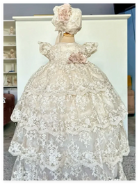 Ivory christening long gown for babies with lace design and matching bonnet, elegant floral details