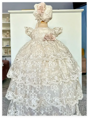Ivory christening long gown for babies with lace design and matching bonnet, elegant floral details