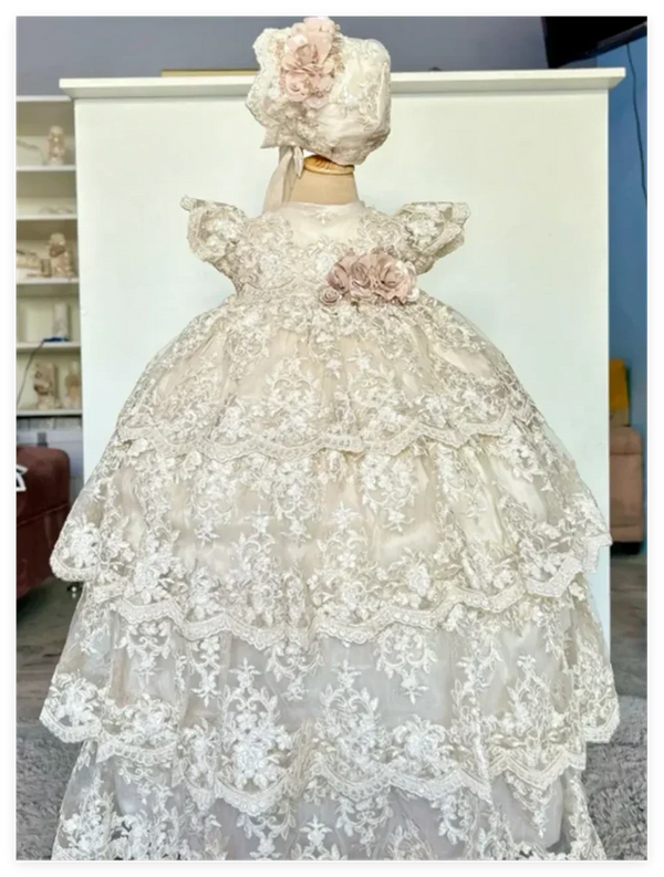 Ivory christening long gown for babies with lace design and matching bonnet, elegant floral details