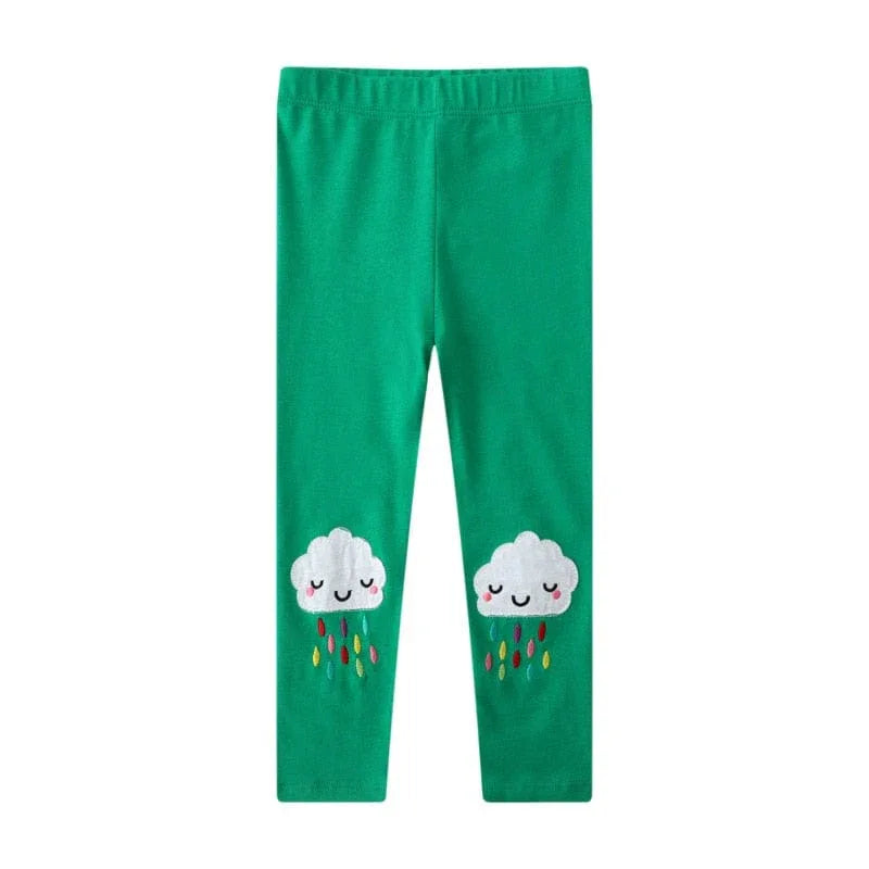 Girls green cloud print leggings for girls with cute smiling clouds and colorful raindrops