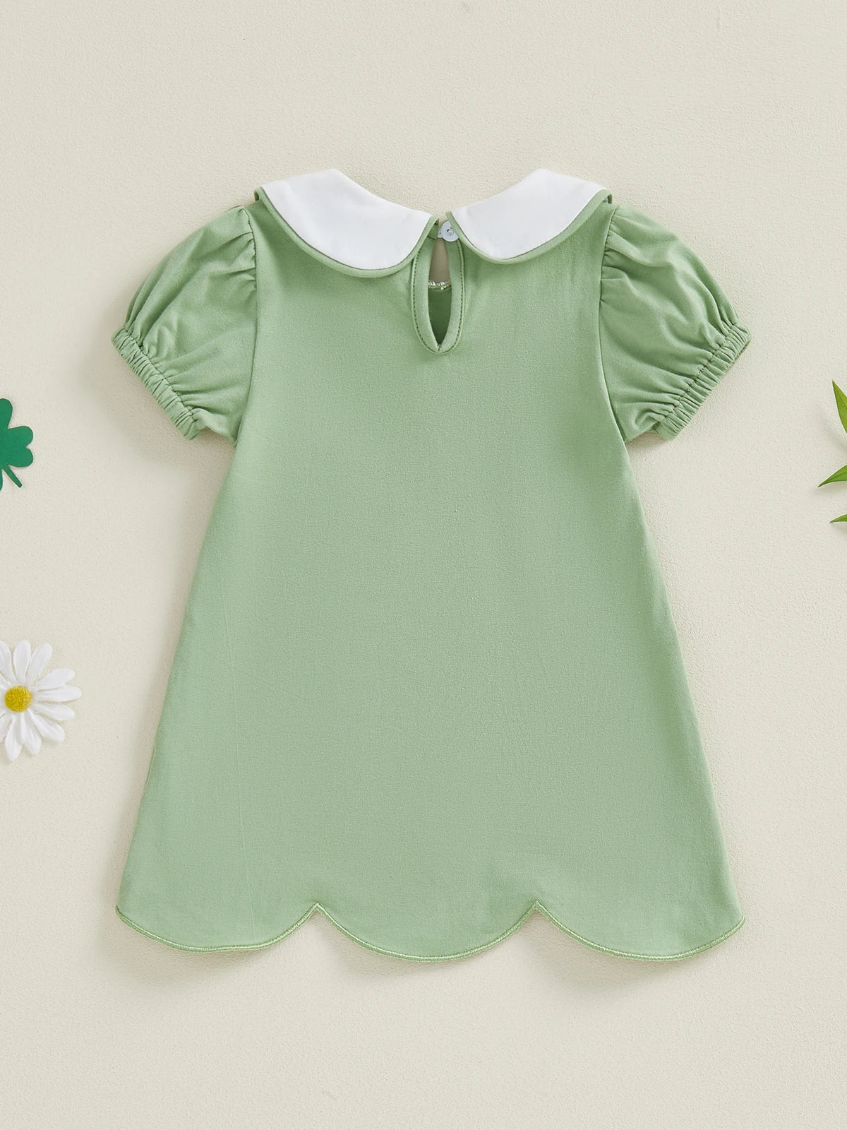 Green cotton clover embroidered baby dress with white collar and puff sleeves