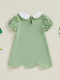 Green cotton clover embroidered baby dress with white collar and puff sleeves