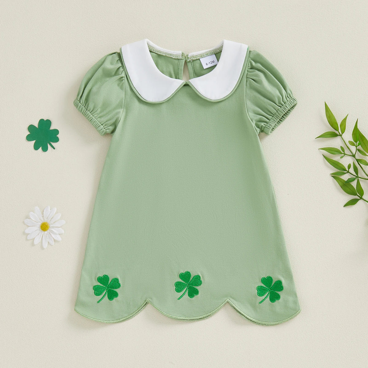 Green clover embroidered baby dress in soft cotton with white collar and puff sleeves