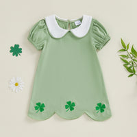 Green clover embroidered baby dress in soft cotton with white collar and puff sleeves