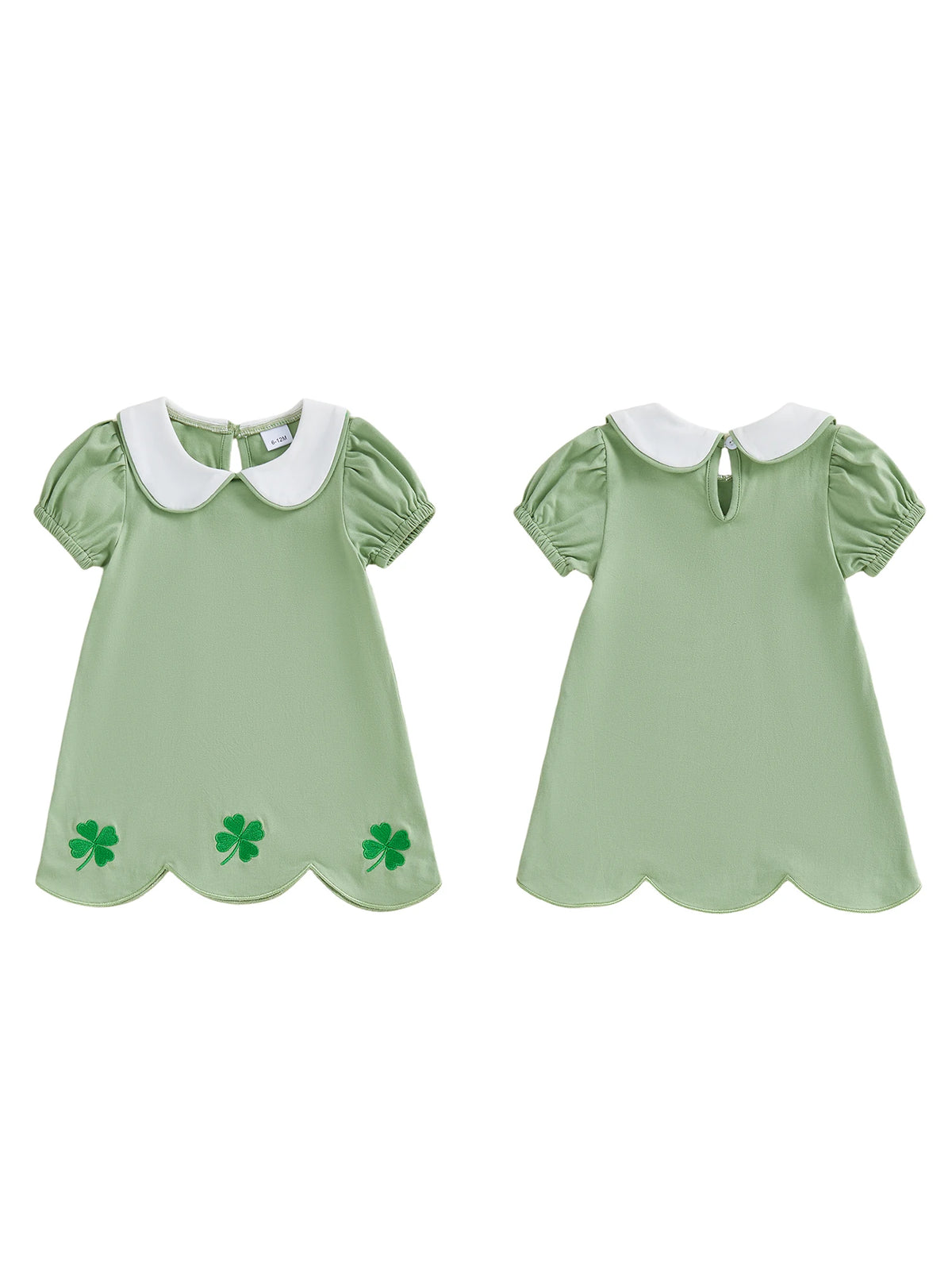 Green cotton clover embroidered baby dress with white collar and scalloped hem for kids