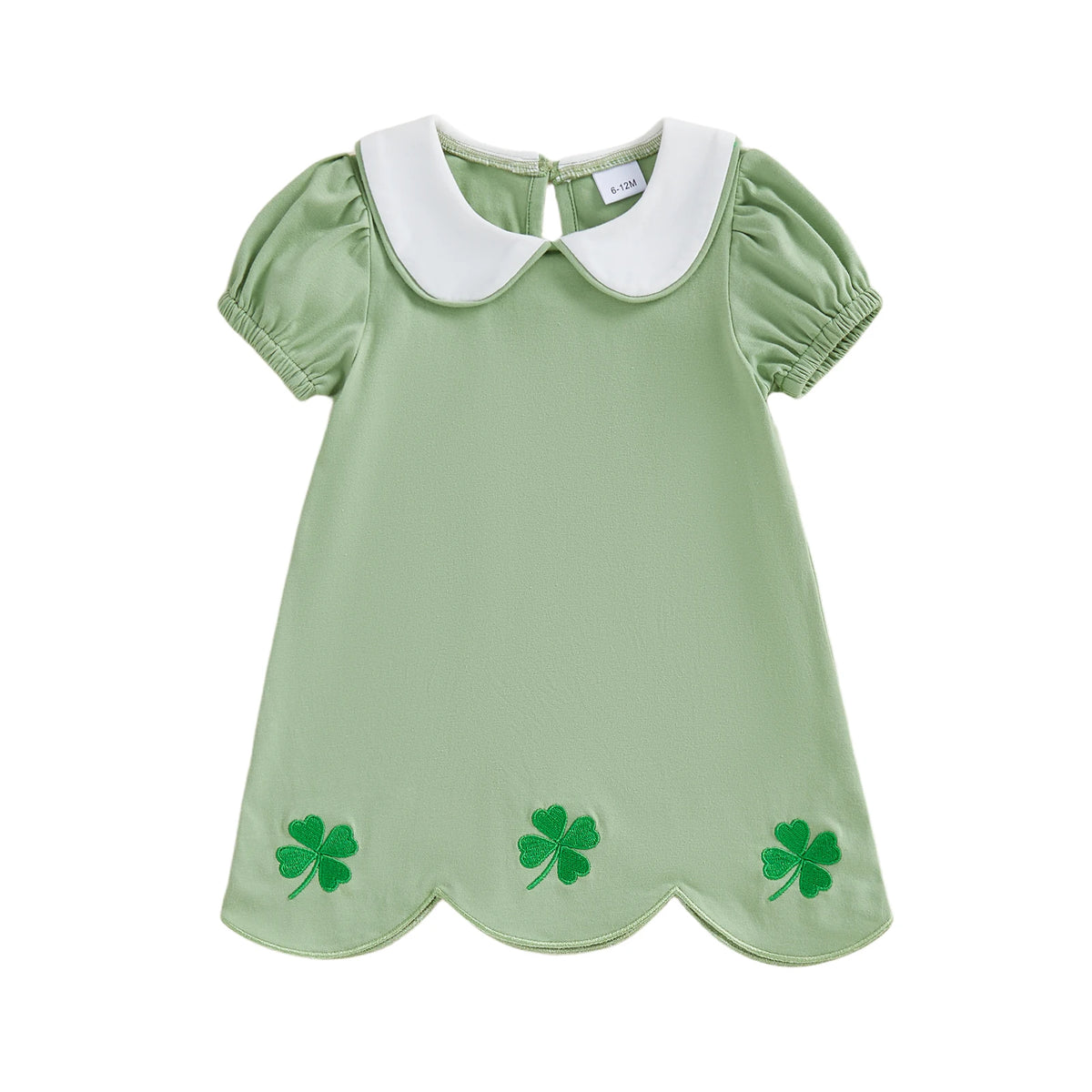 Green cotton clover embroidered baby dress with white peter pan collar and puff sleeves