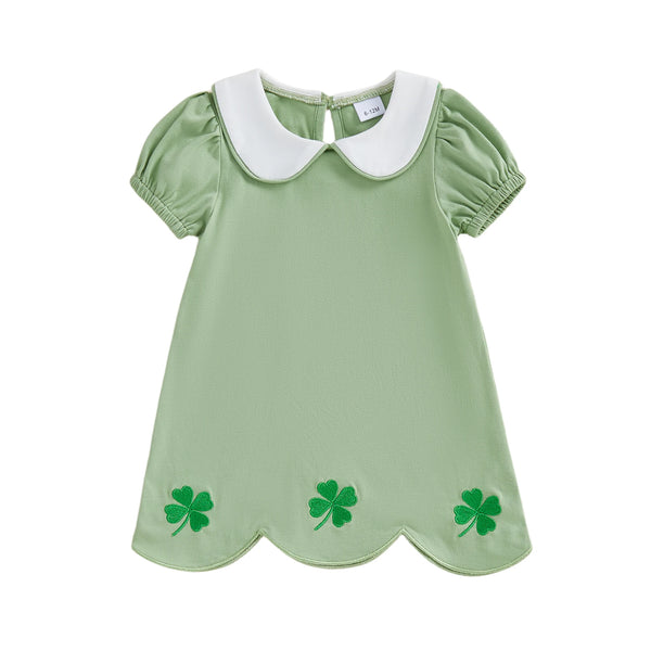 Green cotton clover embroidered baby dress with white peter pan collar and puff sleeves