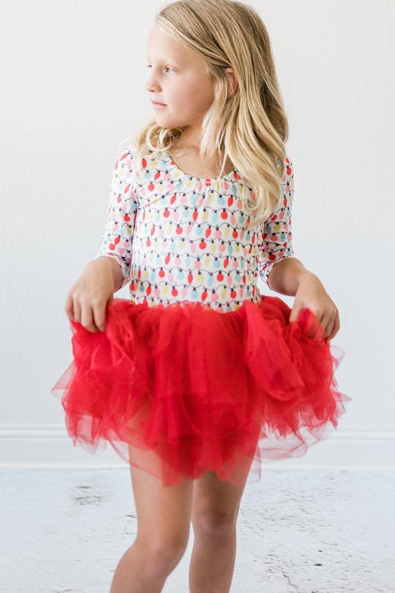 Mila & Rose colorful tutu leotard for girls with 3/4 sleeves and bright red tulle skirt