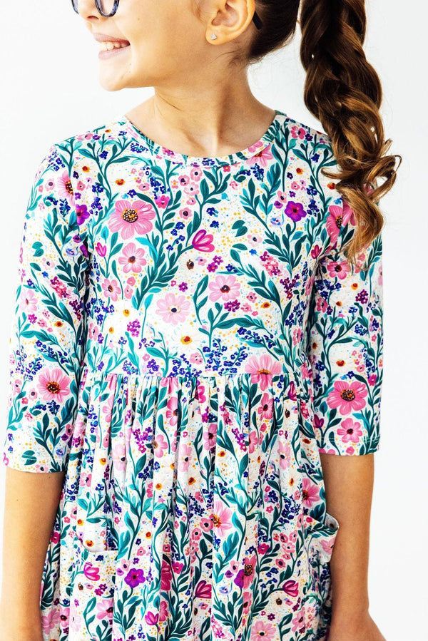 Girls colorful twirl dress with floral print and 3/4 sleeves by Mila & Rose