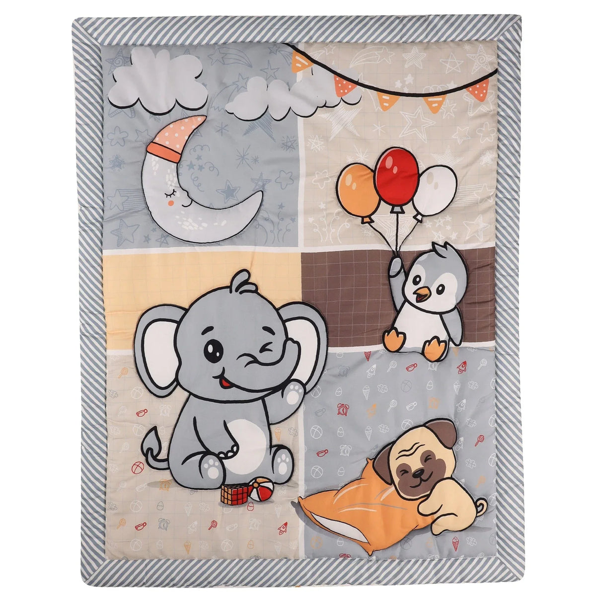 baby comfort set blanket with gray elephant, sleeping pug, and penguin with balloons in soft pastel colors