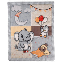 baby comfort set blanket with gray elephant, sleeping pug, and penguin with balloons in soft pastel colors
