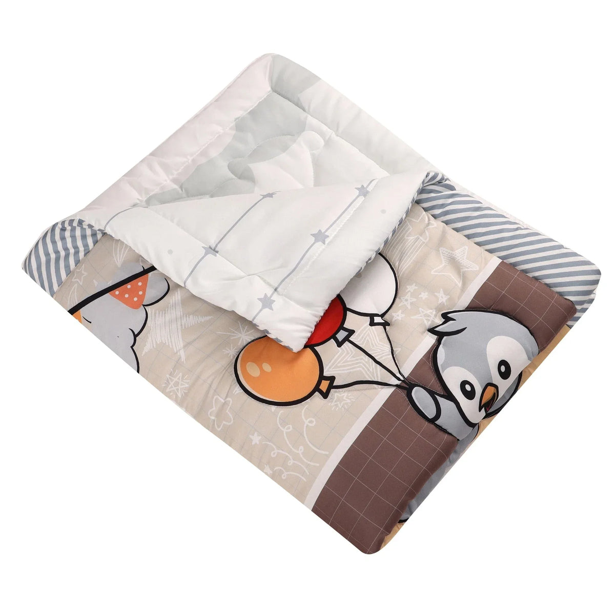 Toddler comfort set in beige and brown with penguin and balloons design featuring quilted soft fabric
