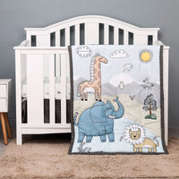 Blue and beige baby comfort set with animal designs including elephant, giraffe, and lion for infants