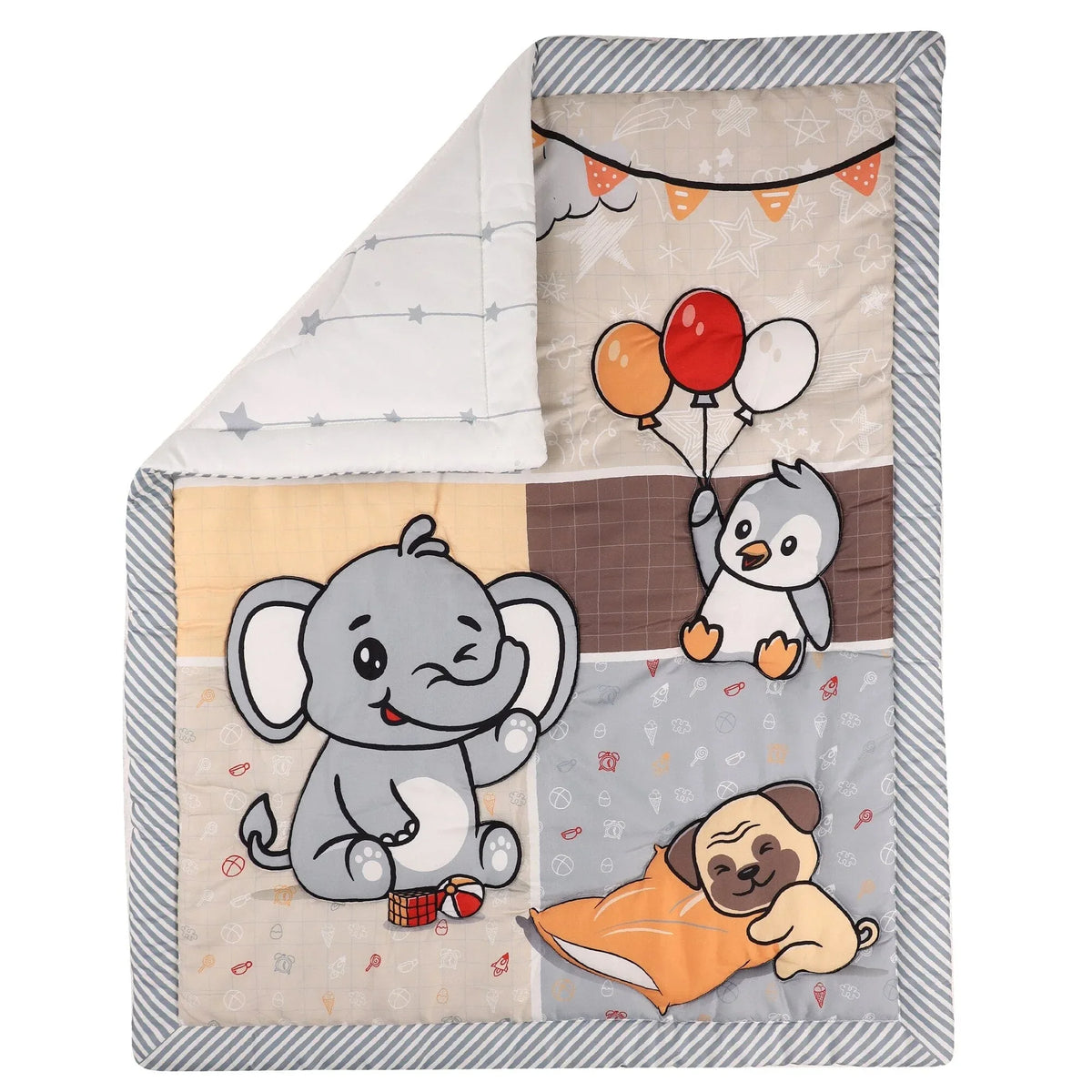 Baby comfort set quilt with gray elephant, penguin with balloons, and sleeping pug in orange blanket