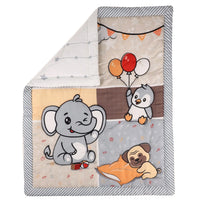 Baby comfort set quilt with gray elephant, penguin with balloons, and sleeping pug in orange blanket