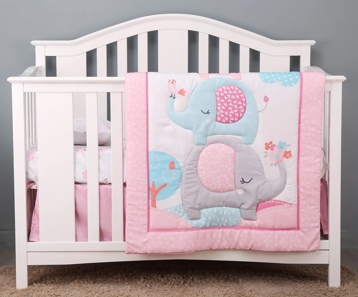 pink and gray baby elephant comfort set for crib with quilt and fitted sheet for infants