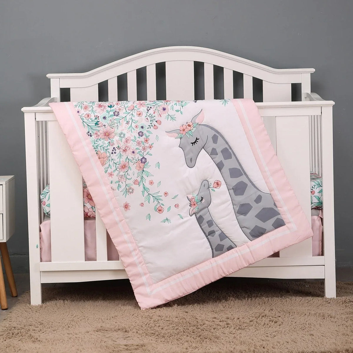 baby girl pink giraffe comfort set blanket with floral design and matching crib bedding