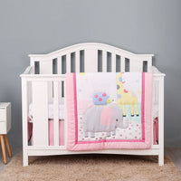 Baby pink and white comfort set with elephant and giraffe design on crib quilt for infants