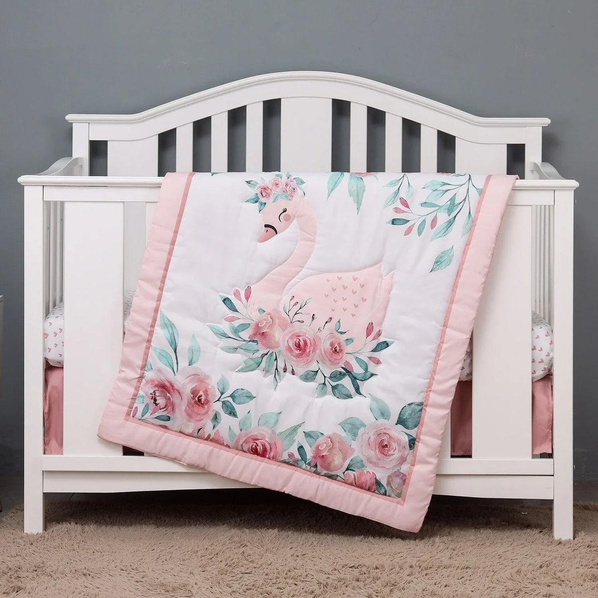 Baby girl pink and white crib comfort set with swan and floral design, estimated 20-day shipping