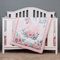 Baby girl pink and white crib comfort set with swan and floral design, estimated 20-day shipping