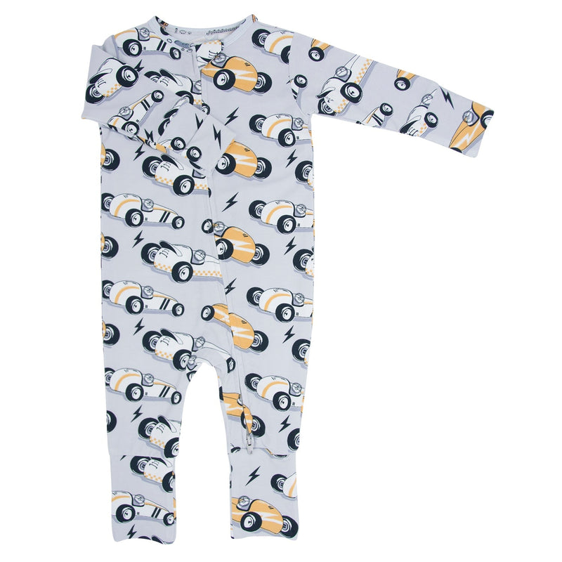Vintage Race Cars Convertible Romper for babies on pale blue fabric with yellow and black racecar print.