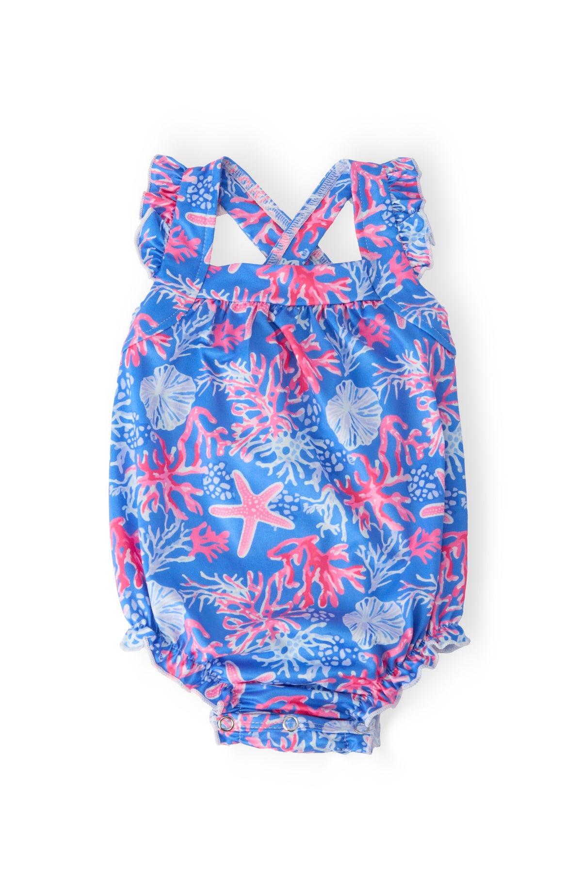coral print baby romper by Mila & Rose with blue and pink sea life design for infants