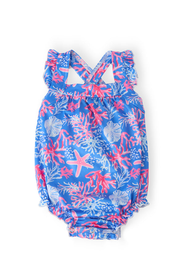 coral print baby romper by Mila & Rose with blue and pink sea life design for infants