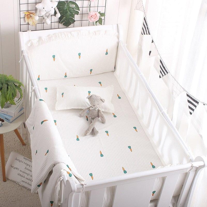White cotton baby crib bedding set with small carrot prints for newborns and infants