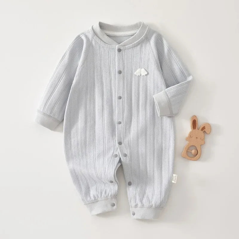 Gray cotton baby romper long sleeve for newborns with vertical stripe texture and snap buttons