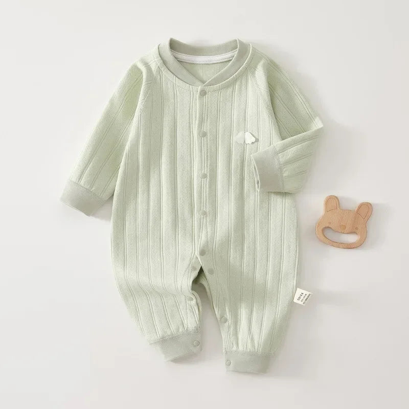 Mint green cotton baby romper long sleeve with ribbed texture for newborns