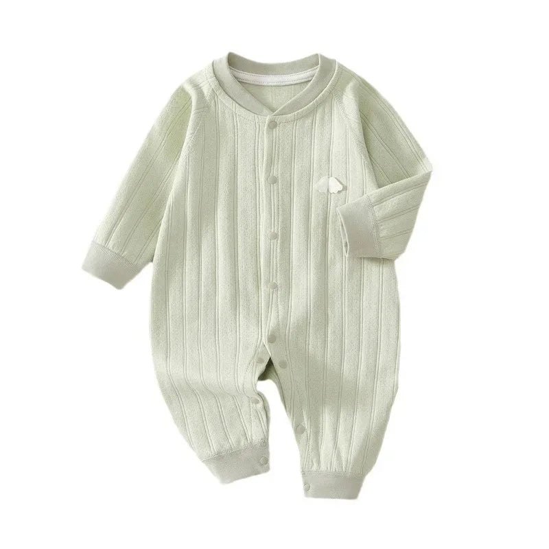 Light green cotton baby romper long sleeve with ribbed texture and snap buttons for infants