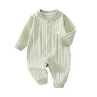 Light green cotton baby romper long sleeve with ribbed texture and snap buttons for infants