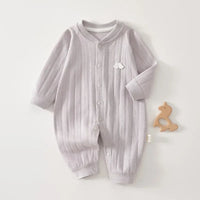 Light gray cotton baby romper long sleeve with button front and small cloud detail for infants