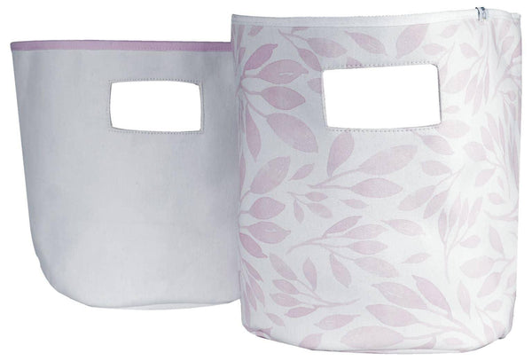 Set of white and light pink fabric baby storage bins with leaf pattern and cutout handles